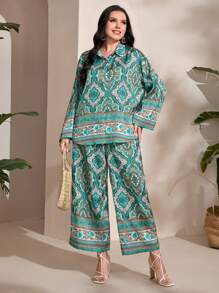 Mulvari 大碼印花襯衫和闊腿褲 - 彩色 - 查看 2