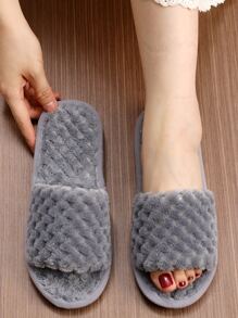 女士毛绒拖鞋，舒适轻便，亲肤保暖，室内穿着舒适，适合秋冬季节，毛茸茸的鞋子，蓬松的拖鞋 - 灰色 - View 2