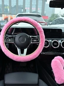 3pcs Fluffy Car Steering Wheel Cover & Handbrake & Gear Shift Cover Set - Pink - View 1