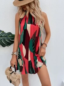 Breezaya Allover Print Pleated Tie Back Halter Neck Dress - Multicolor - View 3