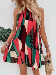 Breezaya Allover Print Pleated Tie Back Halter Neck Dress - Multicolor - View 4