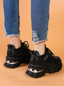 Letter Graphic Lace-up Front Wedge Sneakers - Black - View 3