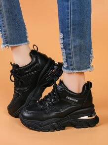 Letter Graphic Lace-up Front Wedge Sneakers - Black - View 5