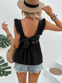 Breezaya 後綁帶荷葉邊襯衫 - 黑色 - 查看 1