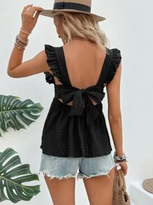 Breezaya 後綁帶荷葉邊襯衫 - 黑色 - 查看 3