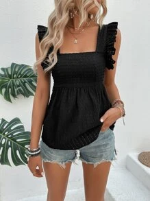 Breezaya 後綁帶荷葉邊襯衫 - 黑色 - 查看 4