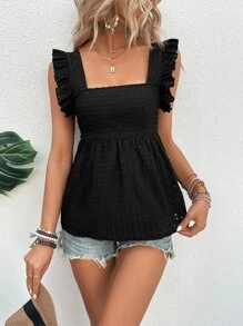 Breezaya 後綁帶荷葉邊襯衫 - 黑色 - 查看 5