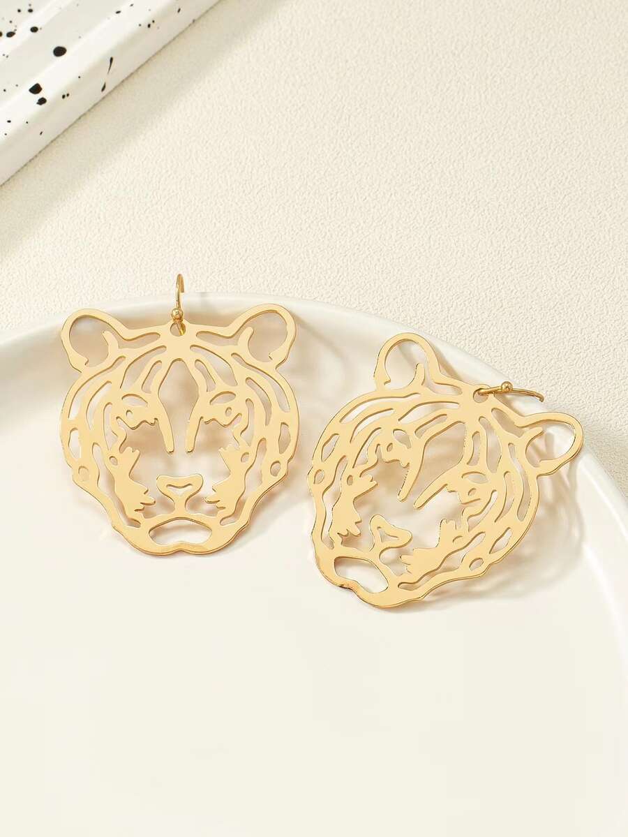 Hollow Out Tiger Head Drop Earrings - Yellow Gold - View 1