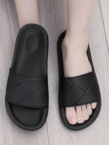 Men Geometric Embossed Slides, Minimalist Black EVA Single Band Slides - Black - View 1