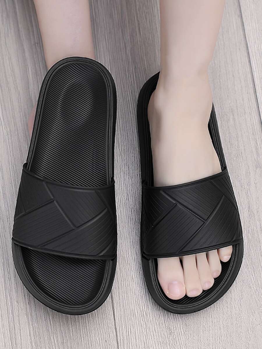 Men Geometric Embossed Slides, Minimalist Black EVA Single Band Slides - Black - View 1