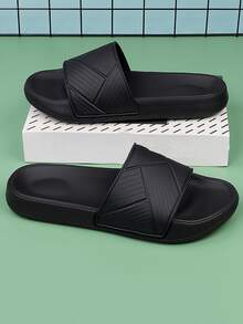 Men Geometric Embossed Slides, Minimalist Black EVA Single Band Slides - Black - View 2