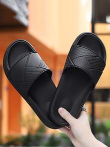 Men Geometric Embossed Slides, Minimalist Black EVA Single Band Slides - Black - View 3