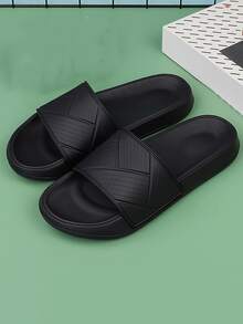 Men Geometric Embossed Slides, Minimalist Black EVA Single Band Slides - Black - View 4