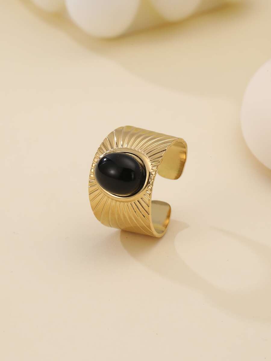 1pc Fashionable 14k Plated Stainless Steel Baroque Style Natural Stone Decorated Open Ring, Suitable For Women Daily Wear, As Gift - Black - View 1