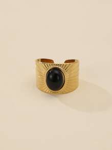 1pc Fashionable 14k Plated Stainless Steel Baroque Style Natural Stone Decorated Open Ring, Suitable For Women Daily Wear, As Gift - Black - View 2