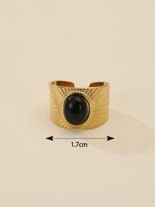 1pc Fashionable 14k Plated Stainless Steel Baroque Style Natural Stone Decorated Open Ring, Suitable For Women Daily Wear, As Gift - Black - View 3