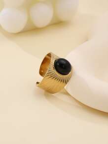 1pc Fashionable 14k Plated Stainless Steel Baroque Style Natural Stone Decorated Open Ring, Suitable For Women Daily Wear, As Gift - Black - View 5