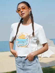SWAVVY 1 pieza Camiseta con letra & con estampado de árbol - Blanco - Ver 4