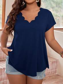 SHEIN LUNE Plus Scallop Trim Solid Tee - Navy Blue - View 3