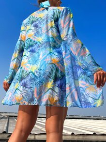 SHEIN Swim Tropical Print Bikini Set Halter Wireless Bra & High Waist Bottom & Long Sleeve Kimono 3 Pieces Bikini,Summer Beach - Baby Blue - View 2