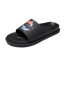 Men Cartoon Pattern Letter Detail Slides, Fashion Bathroom EVA Slides - Black - View 3