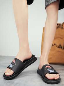 Men Cartoon Pattern Letter Detail Slides, Fashion Bathroom EVA Slides - Black - View 4