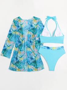 SHEIN Swim Tropical Print Bikini Set Halter Wireless Bra & High Waist Bottom & Long Sleeve Kimono 3 Pieces Bikini,Summer Beach - Baby Blue - View 4