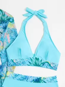 SHEIN Swim Tropical Print Bikini Set Halter Wireless Bra & High Waist Bottom & Long Sleeve Kimono 3 Pieces Bikini,Summer Beach - Baby Blue - View 5