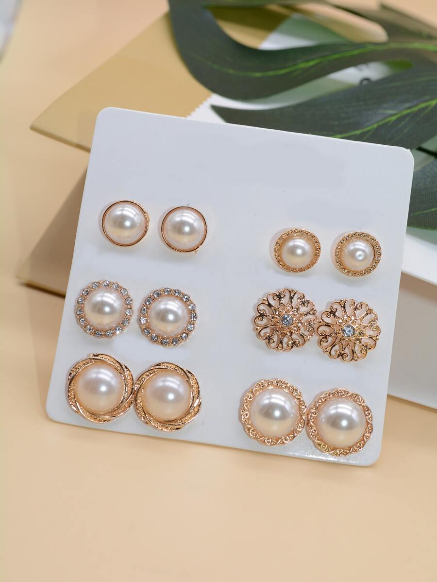 Bộ 12 khuyên tai ngọc trai tròn thanh lịch, tối giản, sang trọng, thường ngày - Màu be - Xem 1