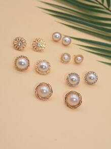 Bộ 12 khuyên tai ngọc trai tròn thanh lịch, tối giản, sang trọng, thường ngày - Màu be - Xem 2