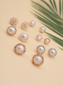 Bộ 12 khuyên tai ngọc trai tròn thanh lịch, tối giản, sang trọng, thường ngày - Màu be - Xem 4