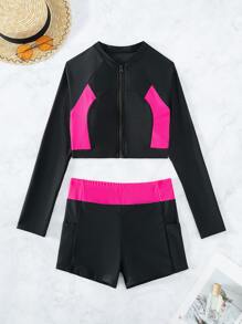 SHEIN Swim Colorblock Zip Up Rashguard With Long Sleeve Swim Shirt,Summer Beach - Black - View 4