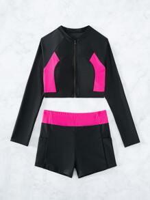 SHEIN Swim Colorblock Zip Up Rashguard With Long Sleeve Swim Shirt,Summer Beach - Black - View 5