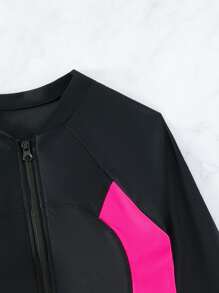 SHEIN Swim Colorblock Zip Up Rashguard With Long Sleeve Swim Shirt,Summer Beach - Black - View 6