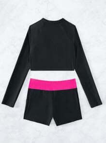 SHEIN Swim Colorblock Zip Up Rashguard With Long Sleeve Swim Shirt,Summer Beach - Black - View 8