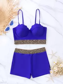 SHEIN Contrast Trim Push Up Summer Beach Bikini - Royal Blue - View 3