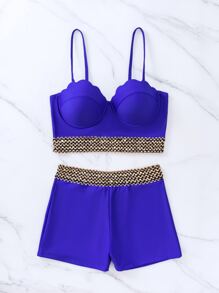 SHEIN Contrast Trim Push Up Summer Beach Bikini - Royal Blue - View 5