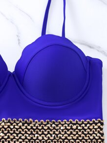 SHEIN Contrast Trim Push Up Summer Beach Bikini - Royal Blue - View 7