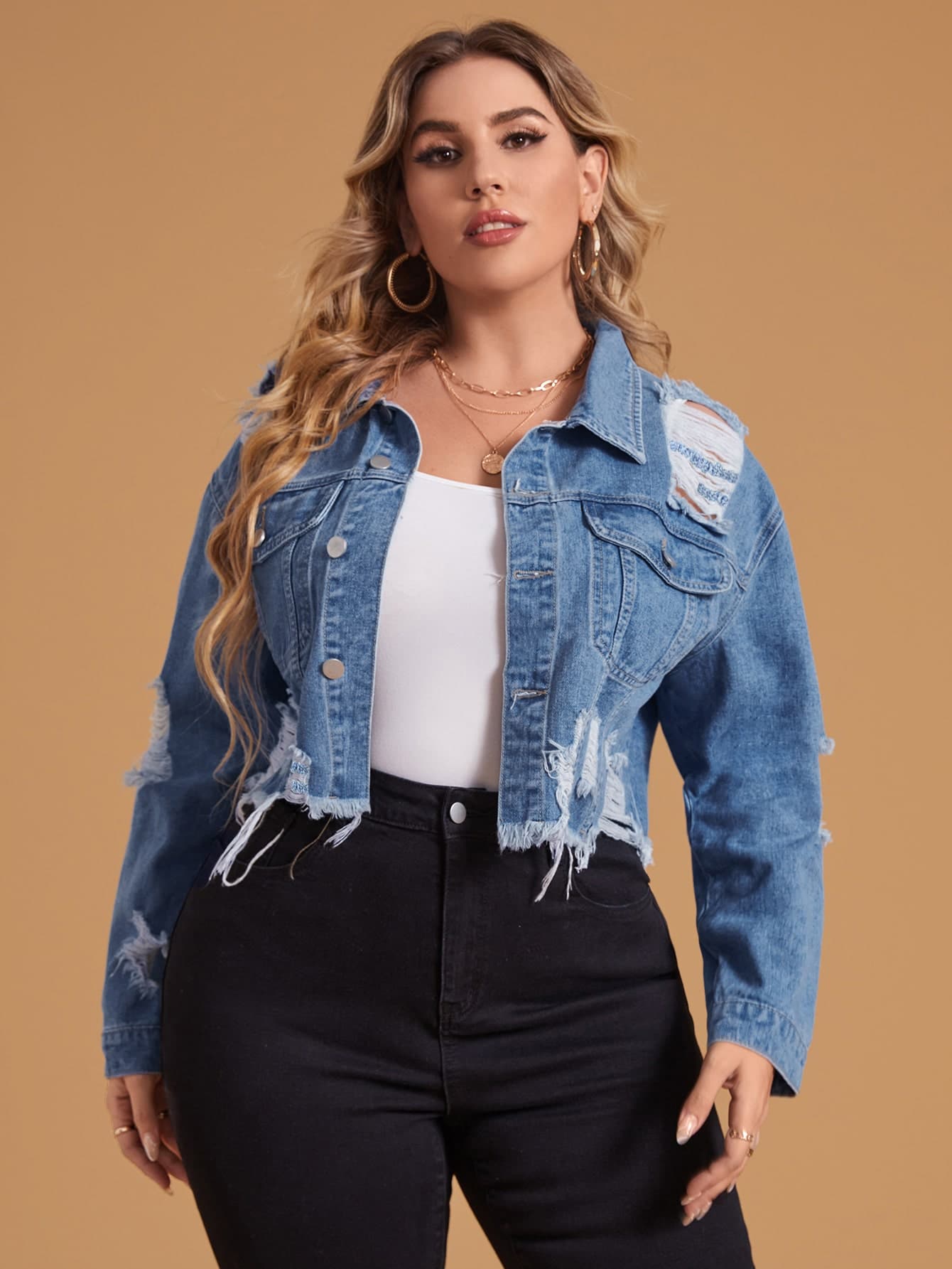 SHEIN Essnce Cazadora mezclilla desgarro bajo crudo de hombros caídos - Azul lavado medio - Ver 1
