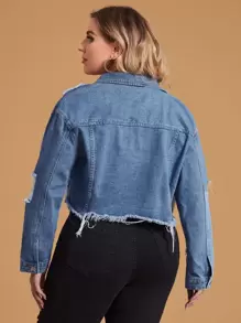 SHEIN Essnce Cazadora mezclilla desgarro bajo crudo de hombros caídos - Azul lavado medio - Ver 2