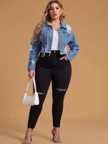 SHEIN Essnce Cazadora mezclilla desgarro bajo crudo de hombros caídos - Azul lavado medio - Ver 3