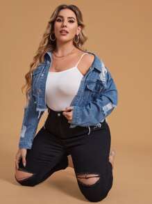 SHEIN Essnce Cazadora mezclilla desgarro bajo crudo de hombros caídos - Azul lavado medio - Ver 4