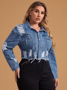 SHEIN Essnce Cazadora mezclilla desgarro bajo crudo de hombros caídos - Azul lavado medio - Ver 5