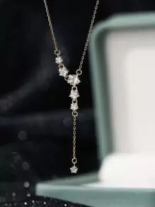 ELSEDES 1pc 925 Sterling Silver Necklace With Sparkling Gemstones, Fashionable & Elegant, High-Quality Jewelry Suitable For Women's Daily, Party And Anniversary Outfits - Gold - View 4