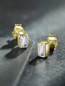 方晶鋯石裝飾銀耳釘 - 金黃色 - 查看 2