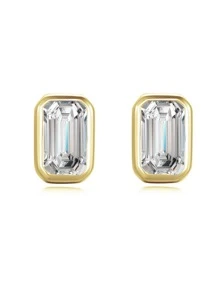 方晶鋯石裝飾銀耳釘 - 金黃色 - 查看 3