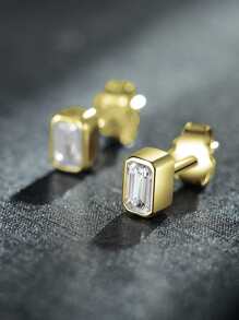 方晶鋯石裝飾銀耳釘 - 金黃色 - 查看 4