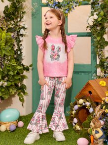 SHEIN Toddler Girls Cartoon Graphic Ruffle Trim Tee & Flare Leg Trousers - Multicolor - View 1