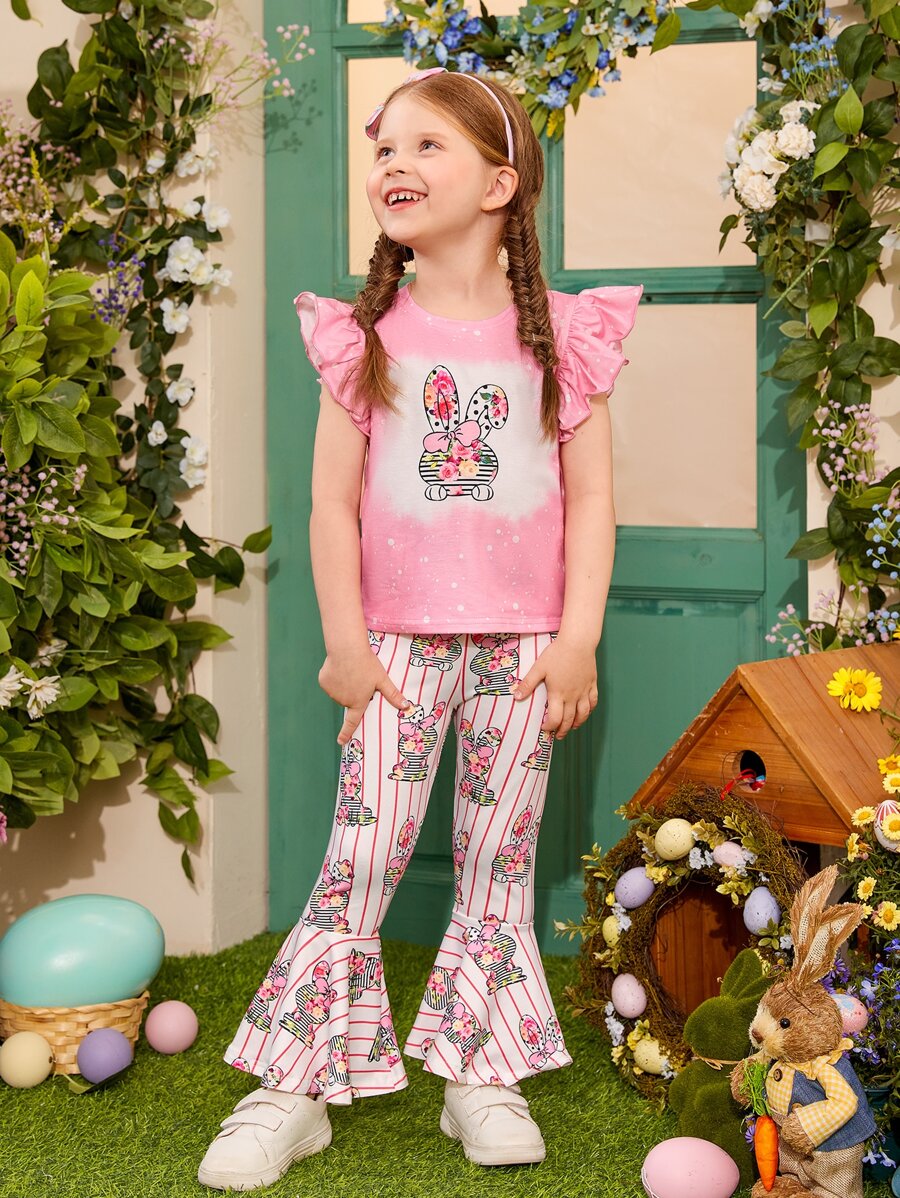 SHEIN Toddler Girls Cartoon Graphic Ruffle Trim Tee & Flare Leg Trousers - Multicolor - View 1