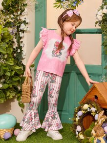 SHEIN Toddler Girls Cartoon Graphic Ruffle Trim Tee & Flare Leg Trousers - Multicolor - View 5